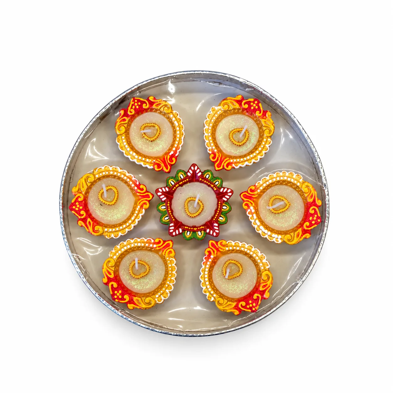 Maira's Kitchen - Decorative Wax Diya in Gol Tray Diya009 | 1 Each