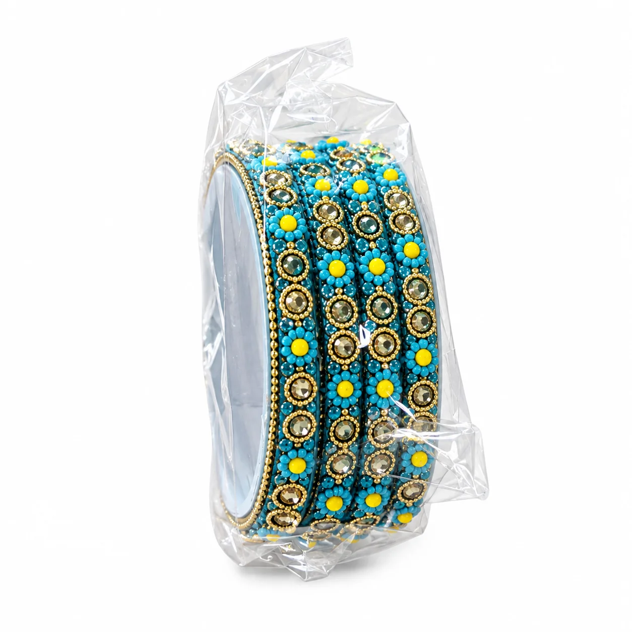 Grocerz - Glass Bangles Blue Gold Set Design018 | 4 Pack