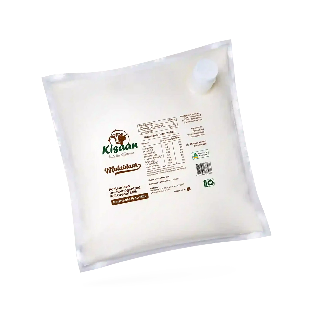 Kisaan - Cow Milk Full Cream Pasteurized Un-Homogenized (BB 03Apr2026) | 5L