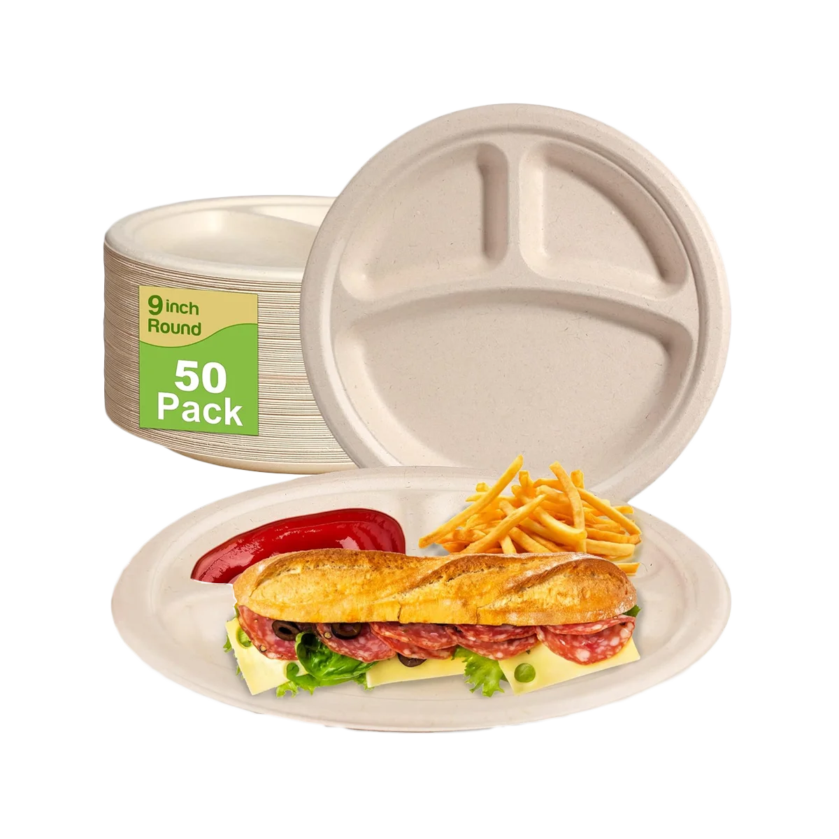 MBD - Disposable 3 Compartment Round Plate 9 Inch | 50 Pack