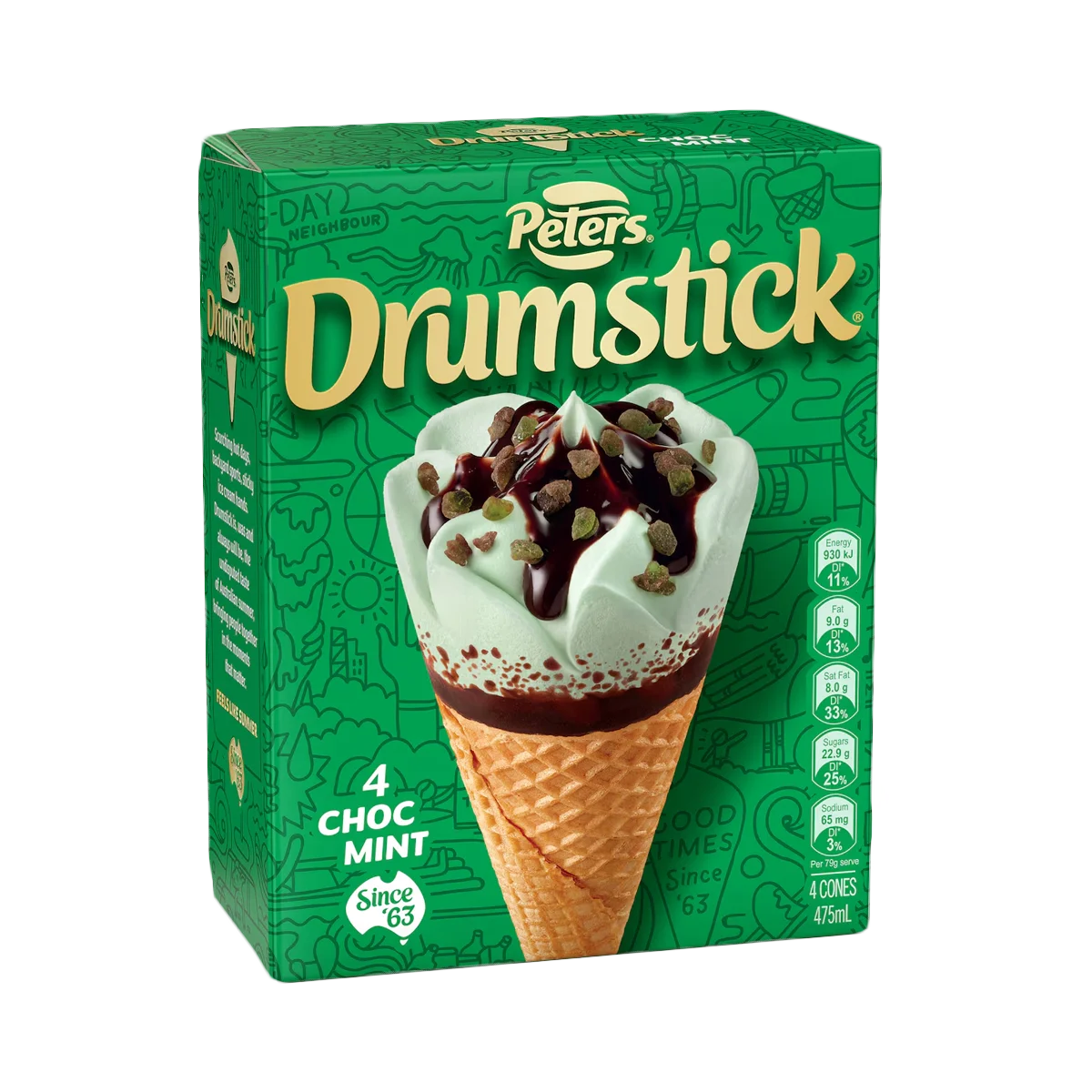 Peters - Drumstick Choc Mint Cones 4 Pack | 475ml