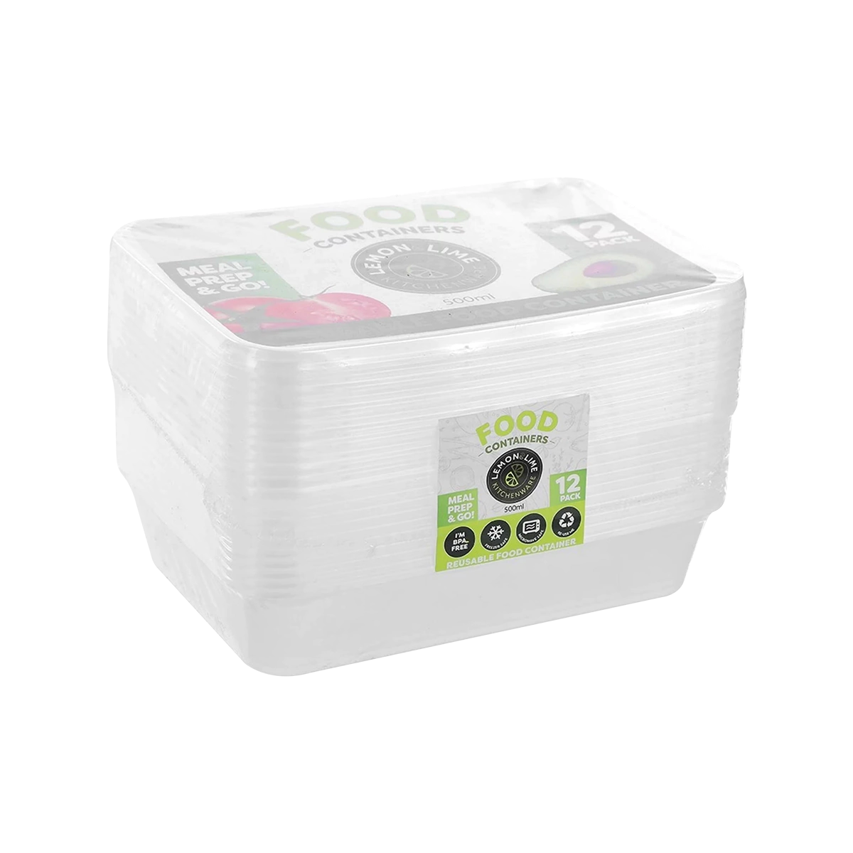 Lemon & Lime - Reusable Food Containers Rectangular with Lid 500ml | 12 Pack