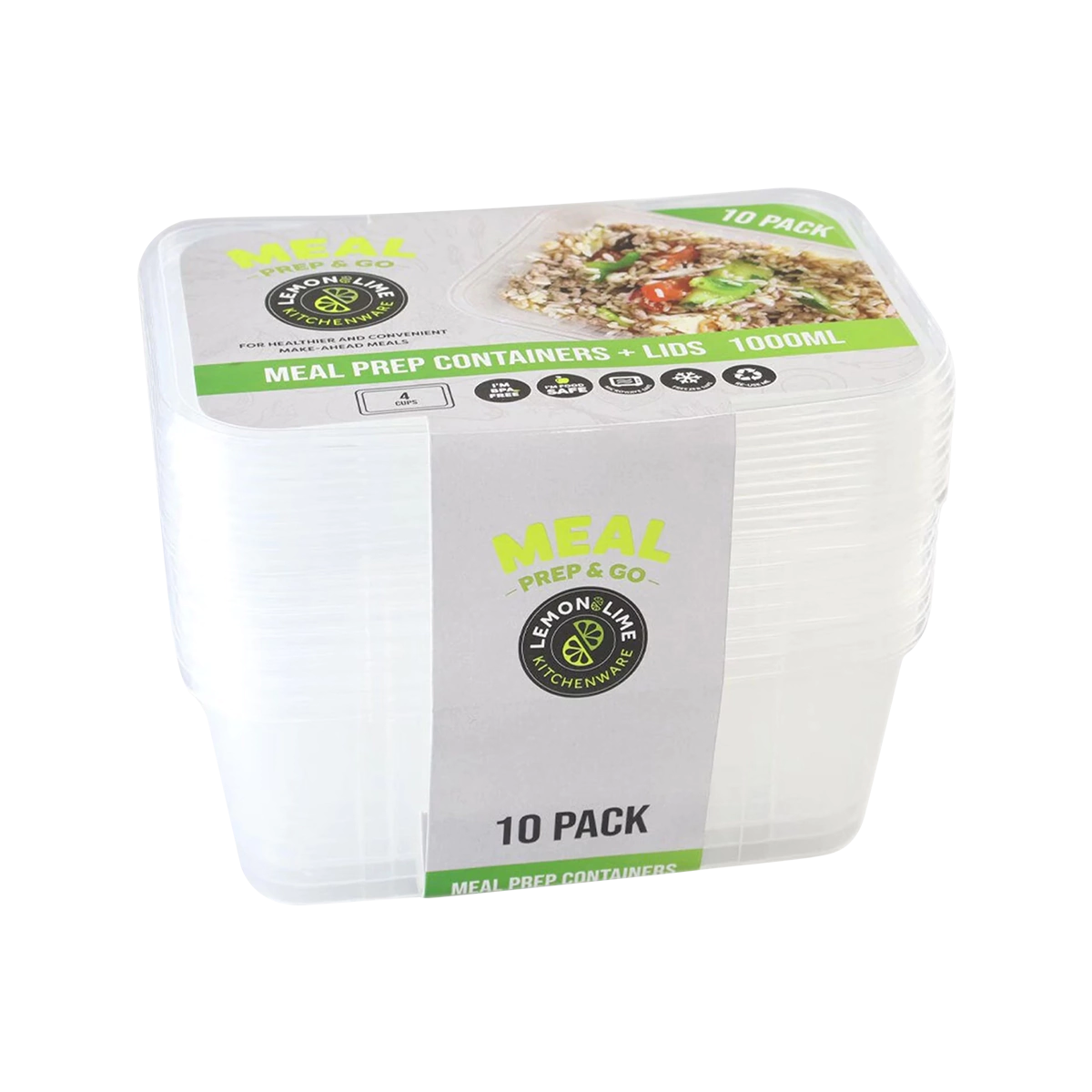 Lemon & Lime - Reusable Food Containers Rectangular with Lid 1000ml | 10 Pack