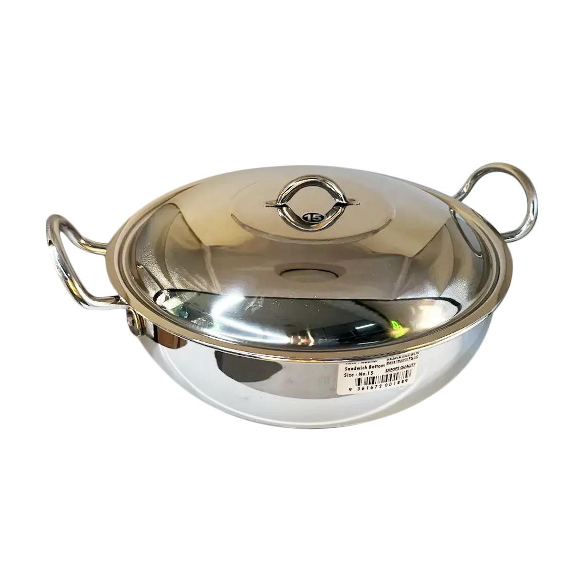 Utella - Stainless Steel Sandwich Bottom Kadahi Wok with Lid Size 15 | 1 Each