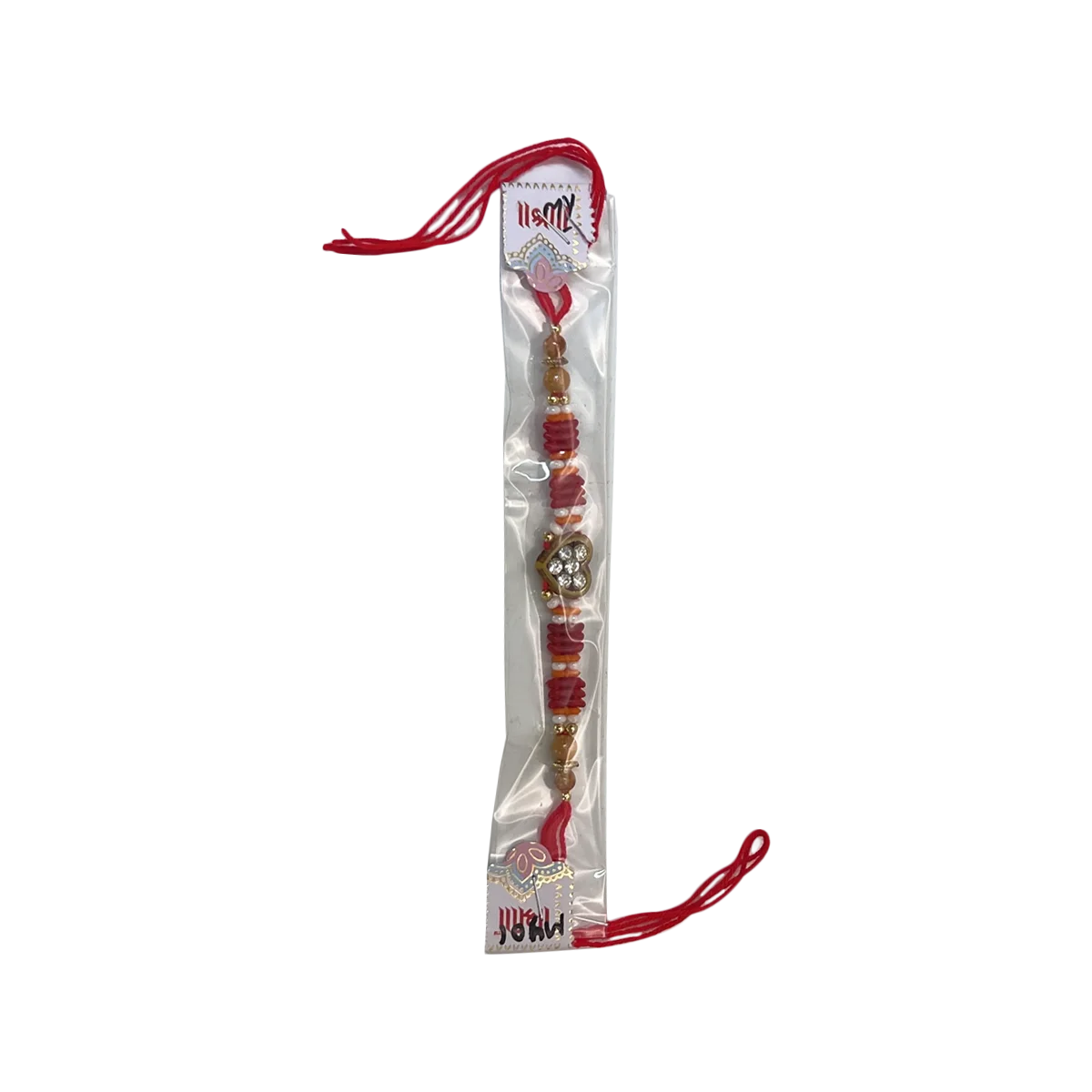 Shree - Handmade Beaded Heart Gold & Red Thread Rakhi MY01 in Pack | 1 Each