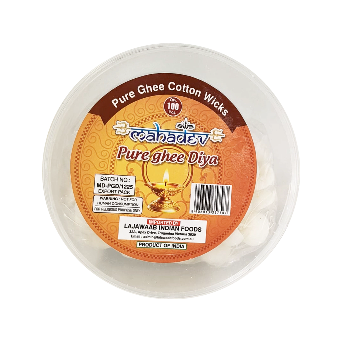 Mahadev - Pure Ghee Jyot Cotton Wicks 100 Pcs Diya Baati | 1 Pack